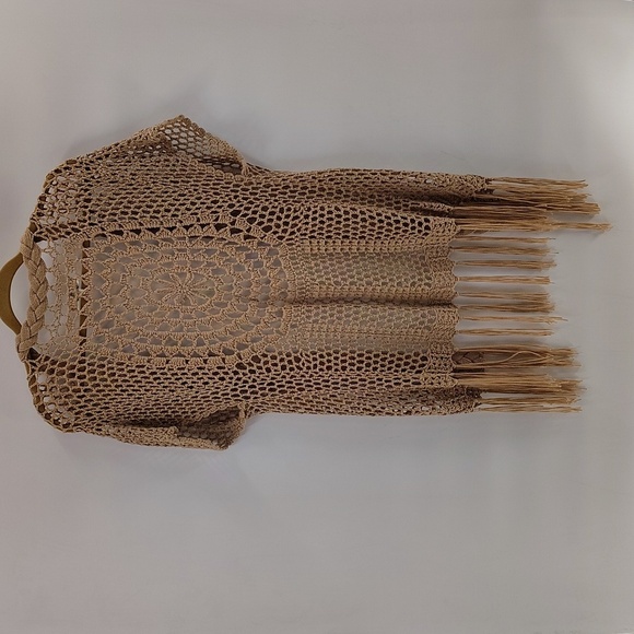 Umgee Khaki Tan Crochet Open Cardigan Cover Slight Sleeve Size Small Fringe Hem - Picture 5 of 5
